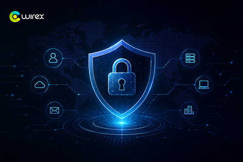 WireX cybersecurity illustration showing enterprise network protection with a digital security shield and connected cloud infrastructure.