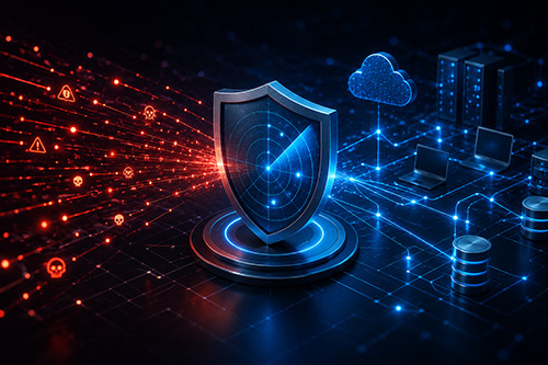 Network Detection and Response (NDR) illustration showing a security shield protecting enterprise networks from cyber threats and malicious traffic.