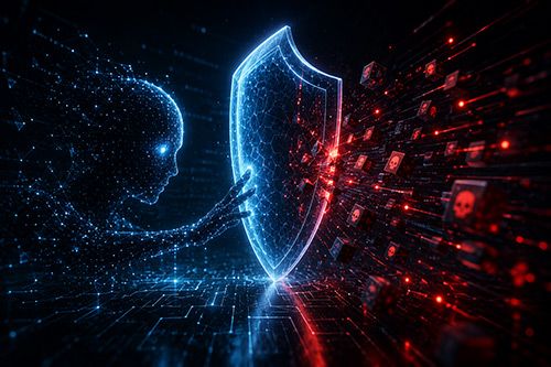Digital illustration of an AI agent confronting a cybersecurity shield while malicious code and cyber threats are blocked.