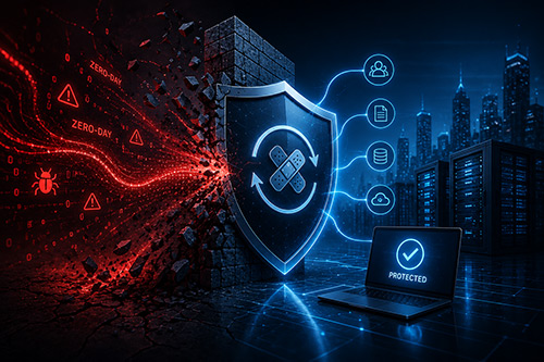 Cybersecurity illustration of a security shield defending enterprise systems against AI-discovered zero-day vulnerabilities and cyber threats.